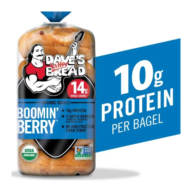 Dave's Killer Bread Boomin' Berry Organic Bagels, front of pack