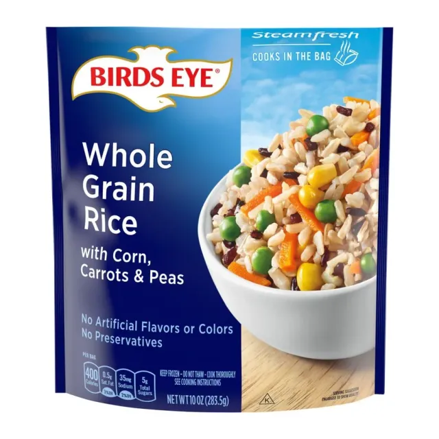 Birds Eye Steamfresh Whole Grain Rice with Corn, Carrots and Peas, front of pack
