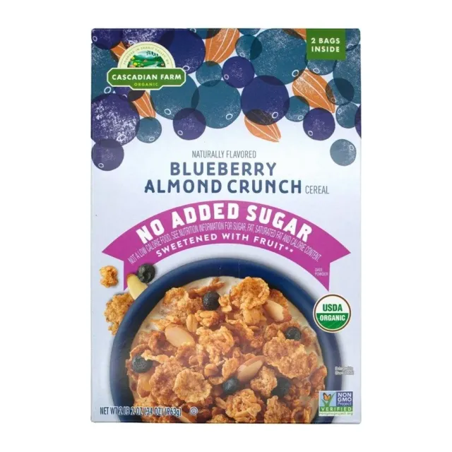 Cascadian Farm Organic Blueberry Almond Cereal No Sugar Added, front of pack