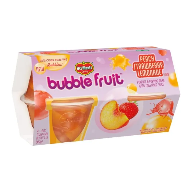 Del Monte Bubble fruit peach strawberry lemonade & popping, front of pack