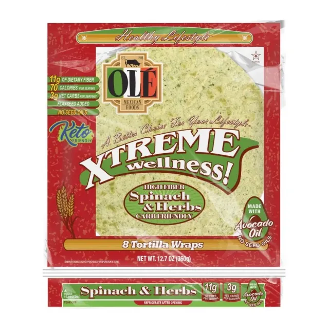 Ole Mexican Foods Xtreme Wellness Spinach And Herb Tortilla, front of pack