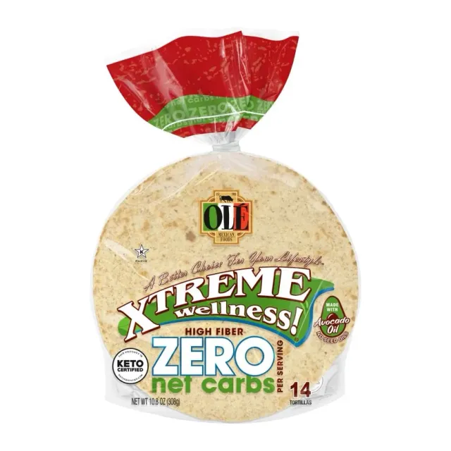 Xtreme Wellness! High Fiber Zero Net Carbs Flour Tortillas, front of pack