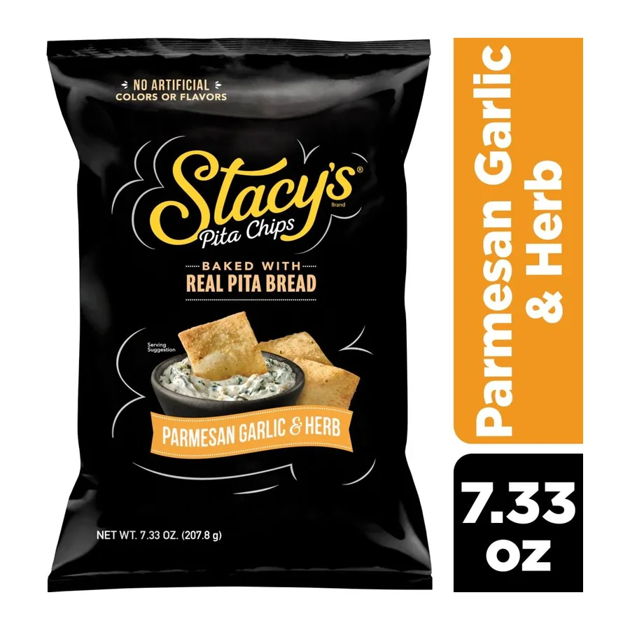 Stacy's Parmesan garlic herb flavored pita chips, front of pack