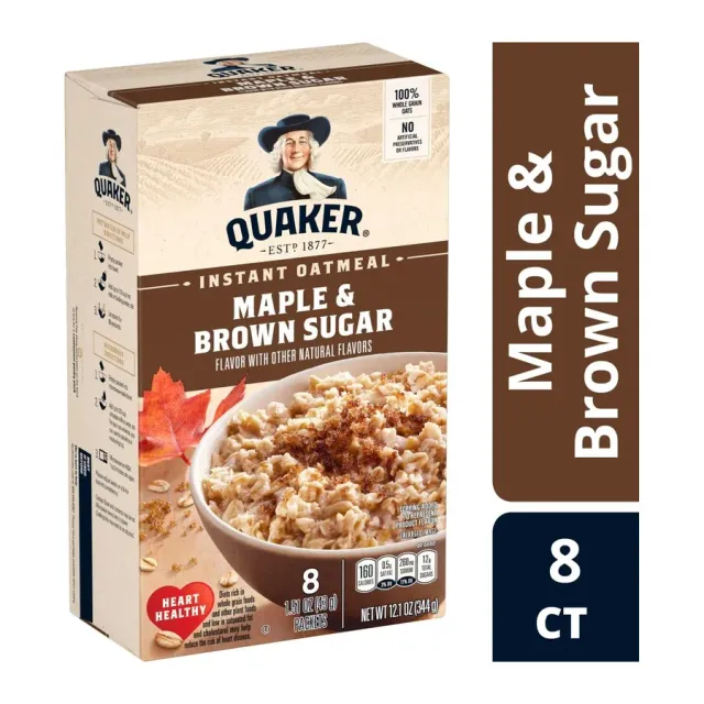 Quaker Instant oatmeal maple and brown sugar, front of pack