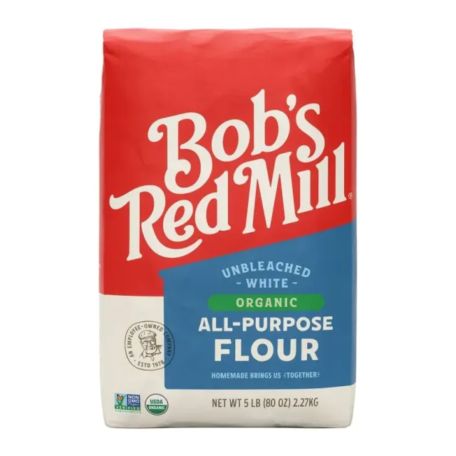 Bob's Red Mill Unbleached white all-purpose organic flour, front of pack