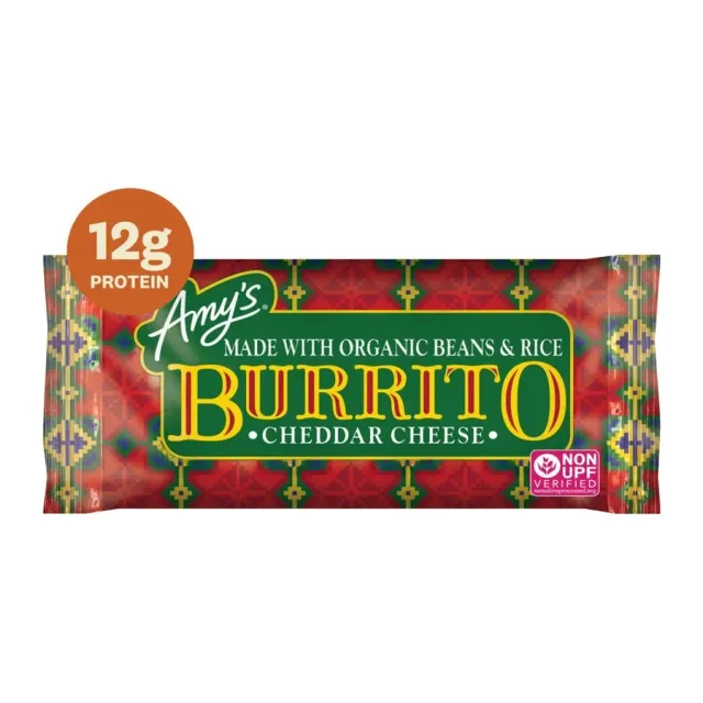 Amy's Cheddar and bean burrito, front of pack