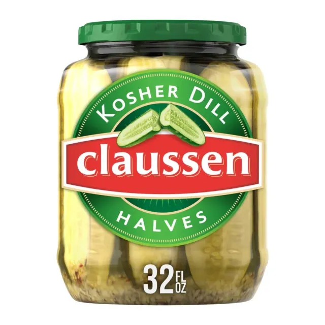 Claussen Kosher dill pickle halves, front of pack