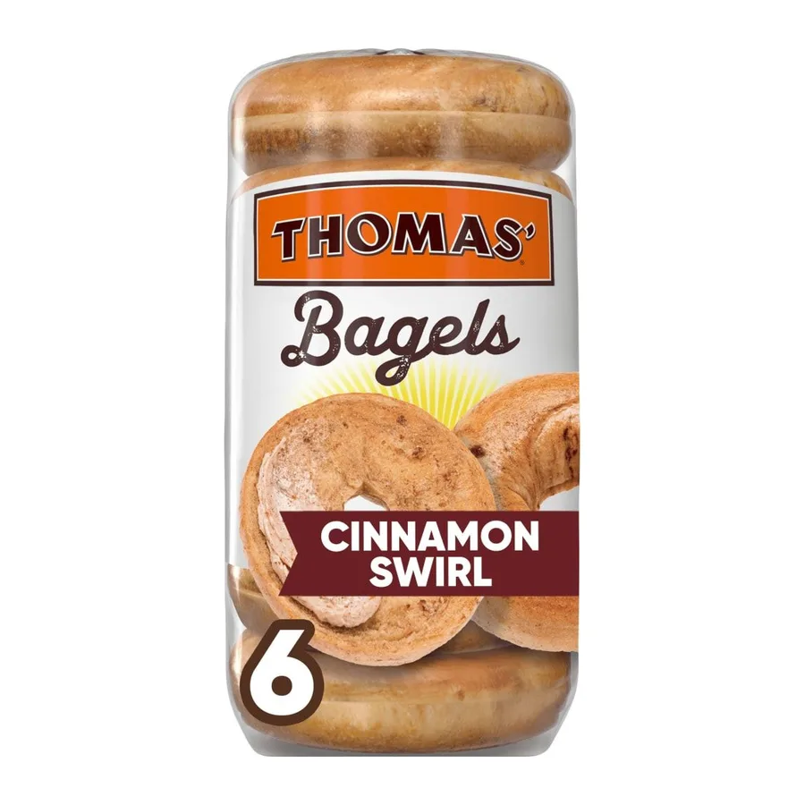 Thomas' Pre-sliced cinnamon swirl bagels, front of pack