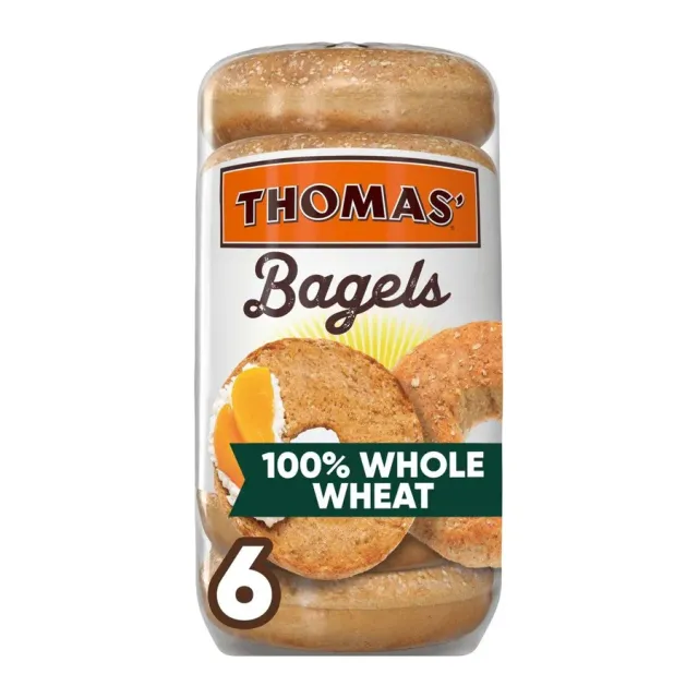 Thomas' 100% Whole Wheat Pre-sliced Bagels, front of pack