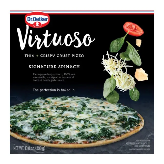 Dr. Oetker Virtuoso Thin + Crispy Crust Pizza Signature Spinach, front of pack