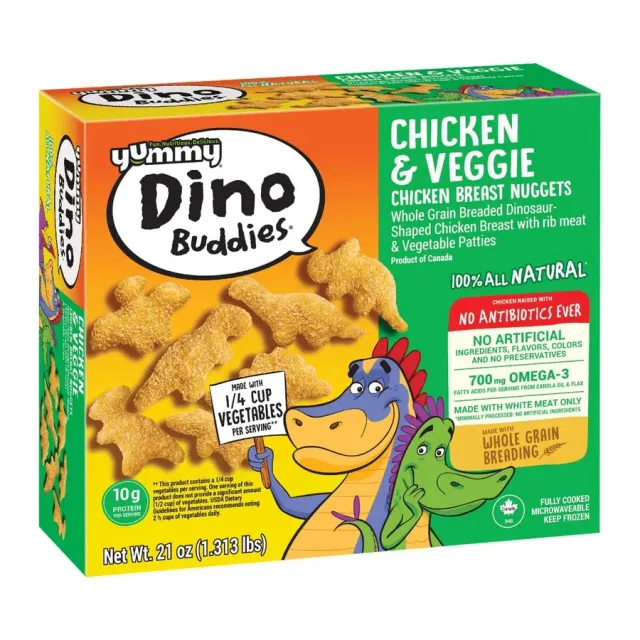 Yummy Chicken and veggie chicken breast nuggets, front of pack