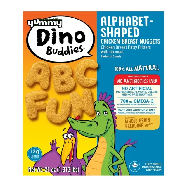 Yummy Dino Buddies Dino Buddies Alphabet-Shaped Chicken Breast Nuggets, front of pack