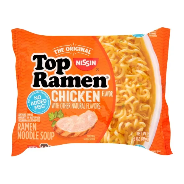Nissin Top ramen, ramen noodle soup, chicken, front of pack