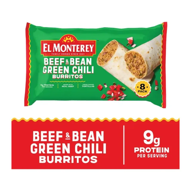 El Monterey Mild beef & bean green chili burritos, front of pack
