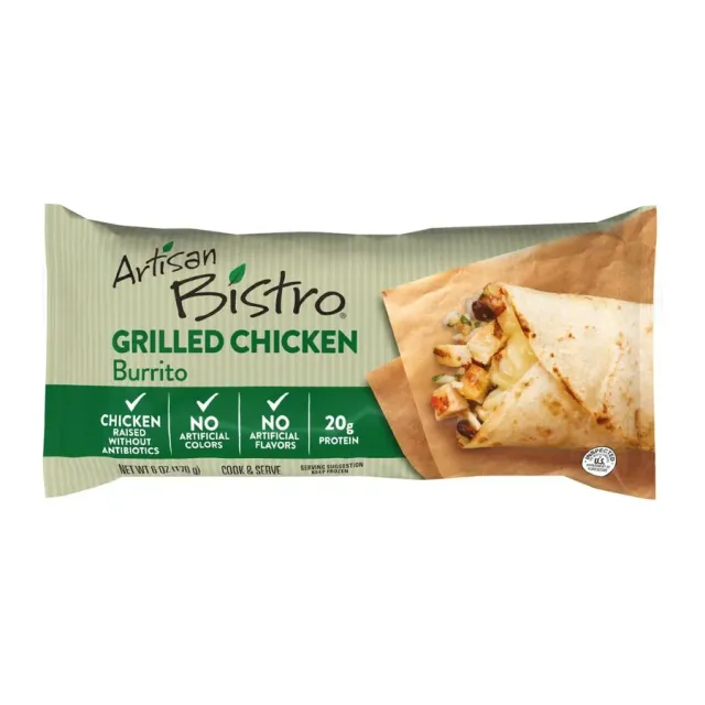 Artisan Bistro Grilled chicken burrito chefcrafted frozen burrito, front of pack