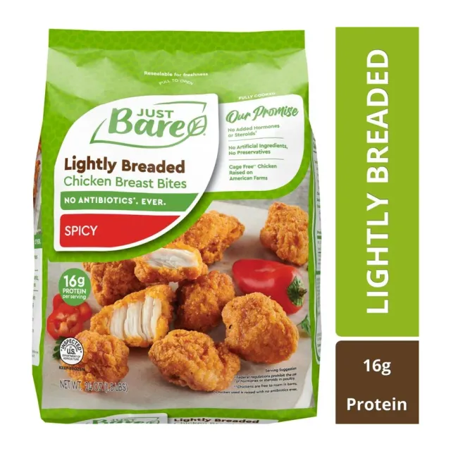 Just Bare Lightly Breaded Chicken Breast Spicy bites, front of pack
