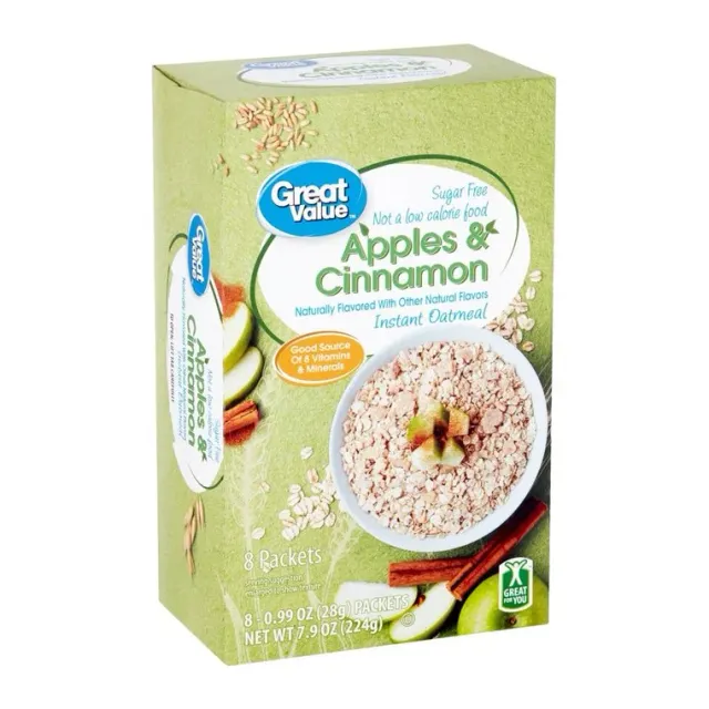 Great Value Sugar Free Instant Oatmeal, Apple, Cinnamon, front of pack