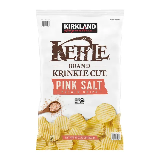 Kirkland Signature Kettle Brand Krinkle Cut Pink Salt Potato Chips, front of pack
