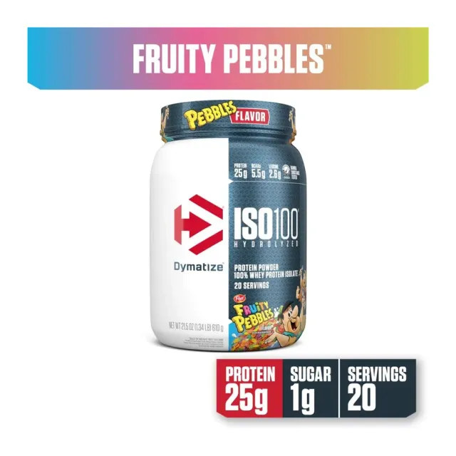 Dymatize Iso100 hydrolyzed whey protein powder fruity pebbles, front of pack