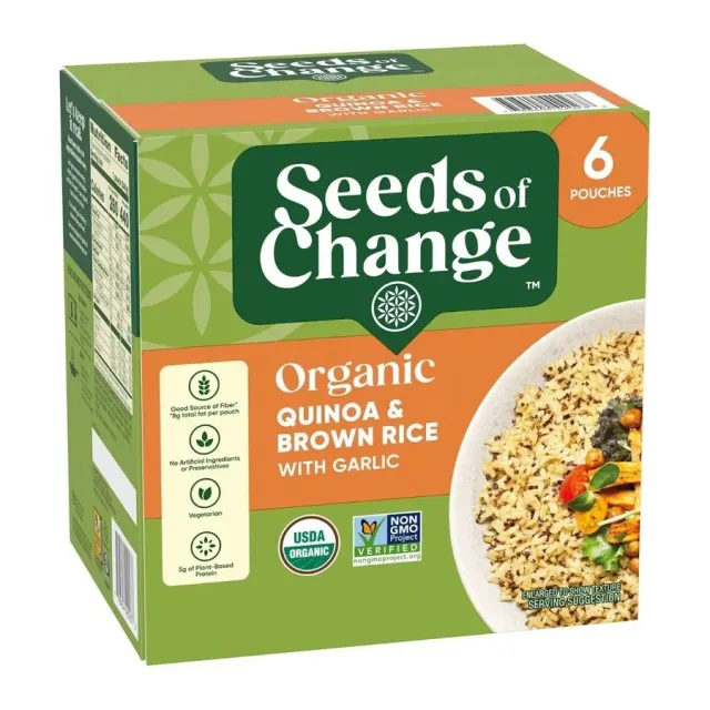 Seeds of Change Organic Quinoa & Brown Rice with Garlic Flavour, front of pack