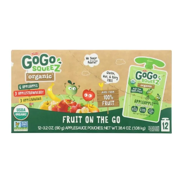 Gogo Squeez Organic Variety Pack (Apple Apple/Apple Strawberry/Apple Banana) Fruit On The Go, front of pack