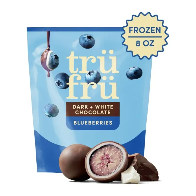 trüfrü Frozen Blueberries in White & Dark Chocolate, front of pack