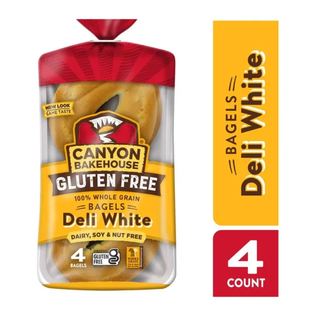 Canyon Bakehouse 100% Whole Grain Deli White Bagels, front of pack