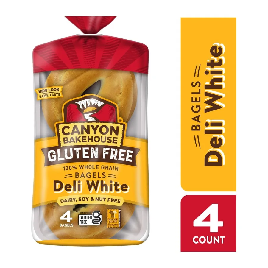 Canyon Bakehouse 100% Whole Grain Deli White Bagels, front of pack