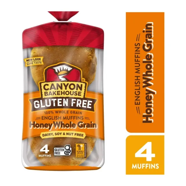Canyon Bakehouse Gluten free honey whole grain English muffins, front of pack