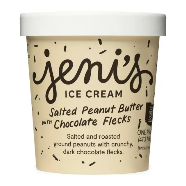 Jeni's Salted peanut butter with chocolate flecks ice cream, front of pack